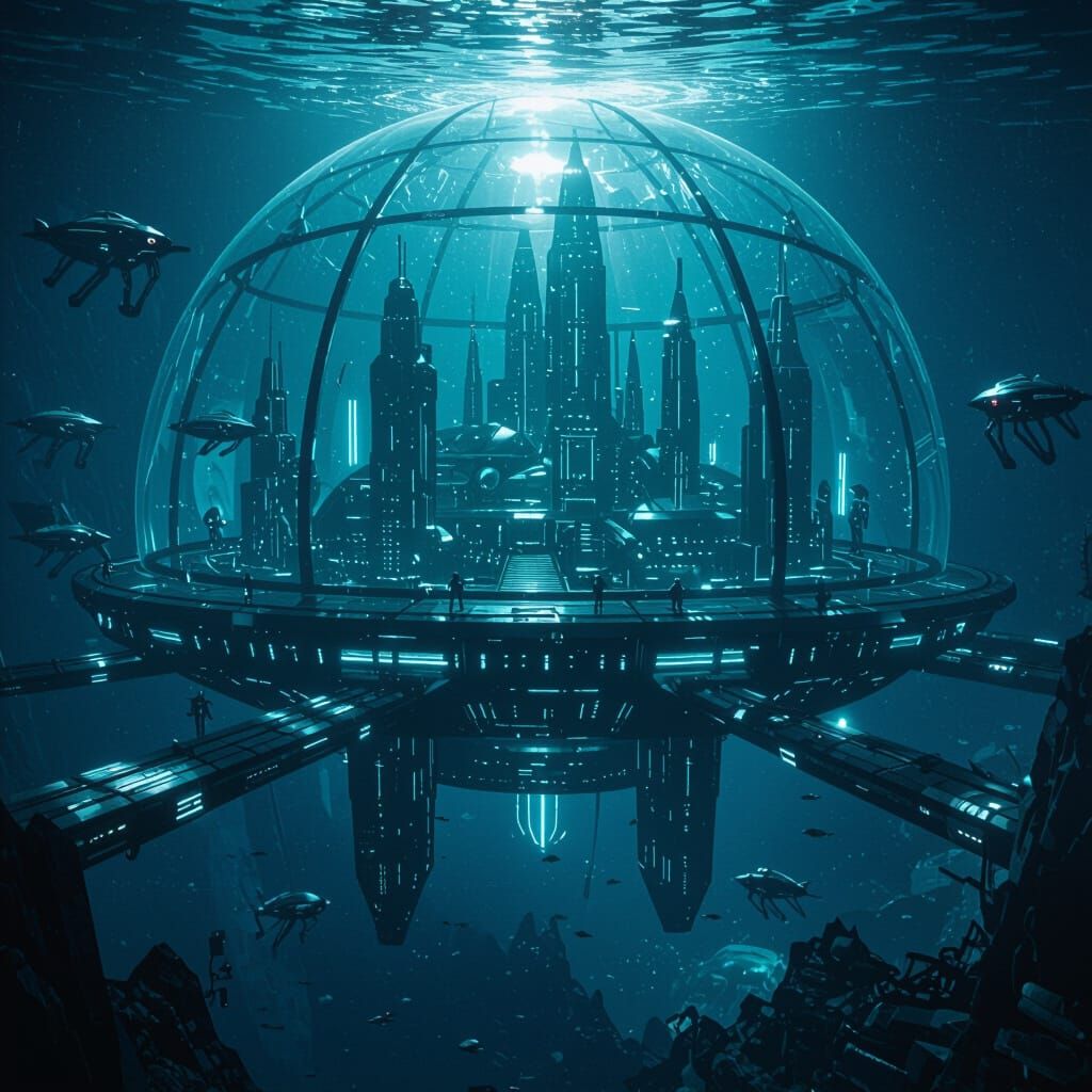 Underwater City in Cracked Dome with Robotic Sentinels