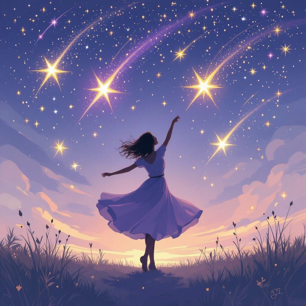 Whimsical Woman Dancing Under Shooting Stars