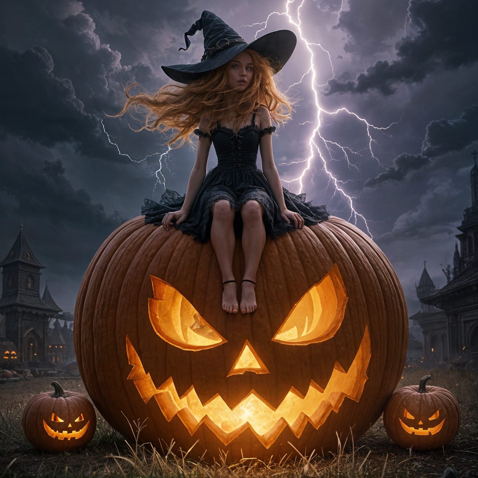 Witch Girl on Glowing Jack-o'-Lantern Under Stormy Sky