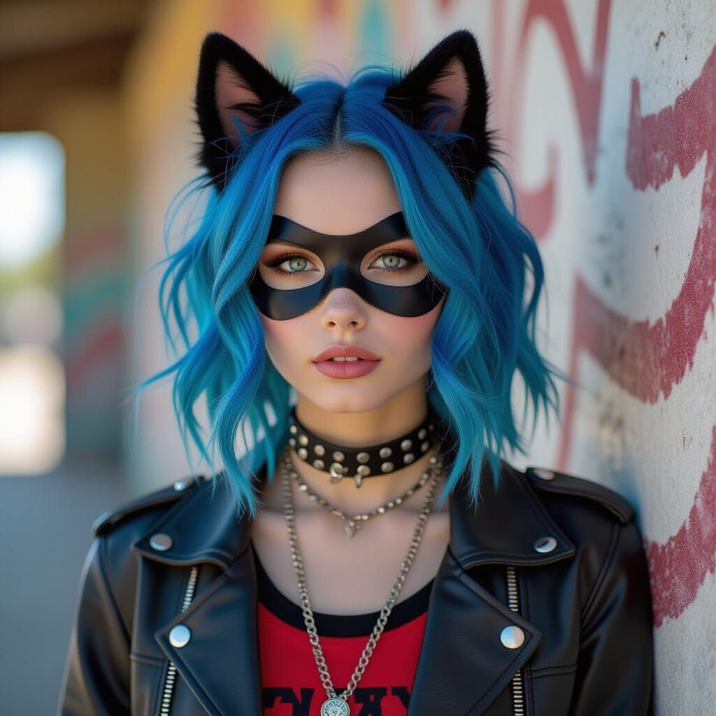Blue-Haired Lucky with Dog Mask in Cinematic Style