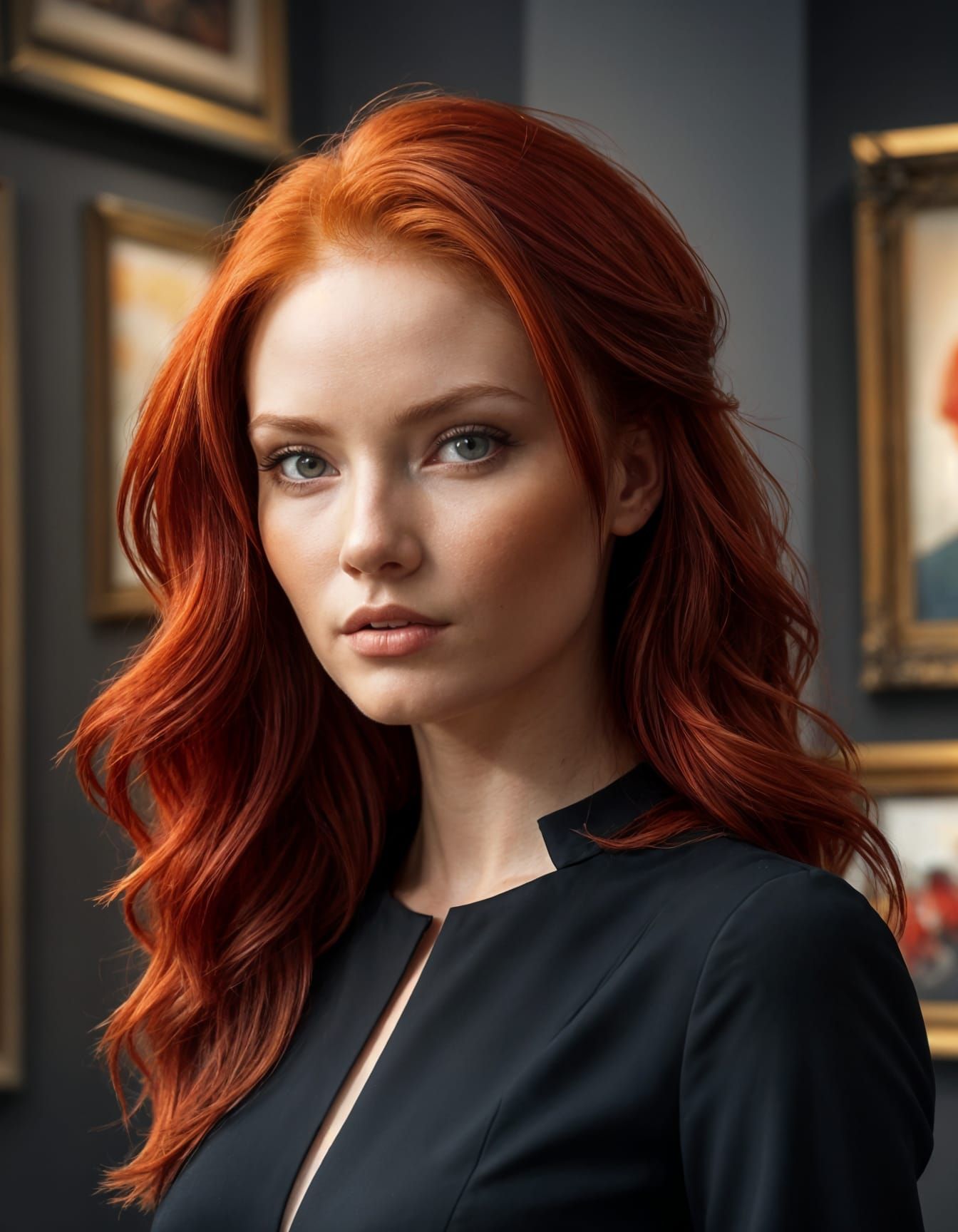 Elegant Redhead Woman in Modern Art Gallery