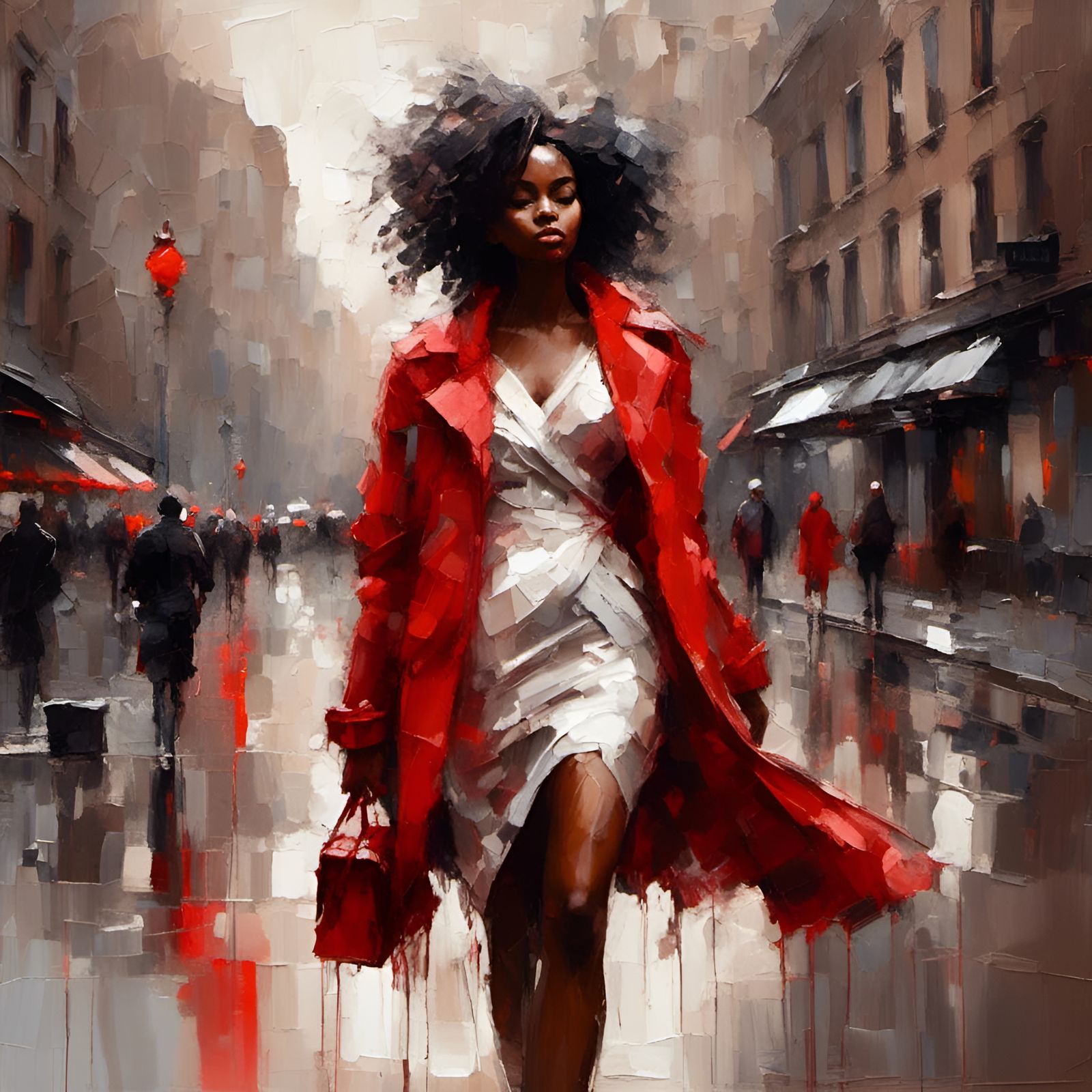Confident Woman in Red Coat, Abstracted Realism Style