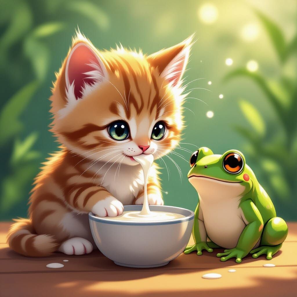 Fluffy Kitten Drinks Milk Beside Frog in Anime Style