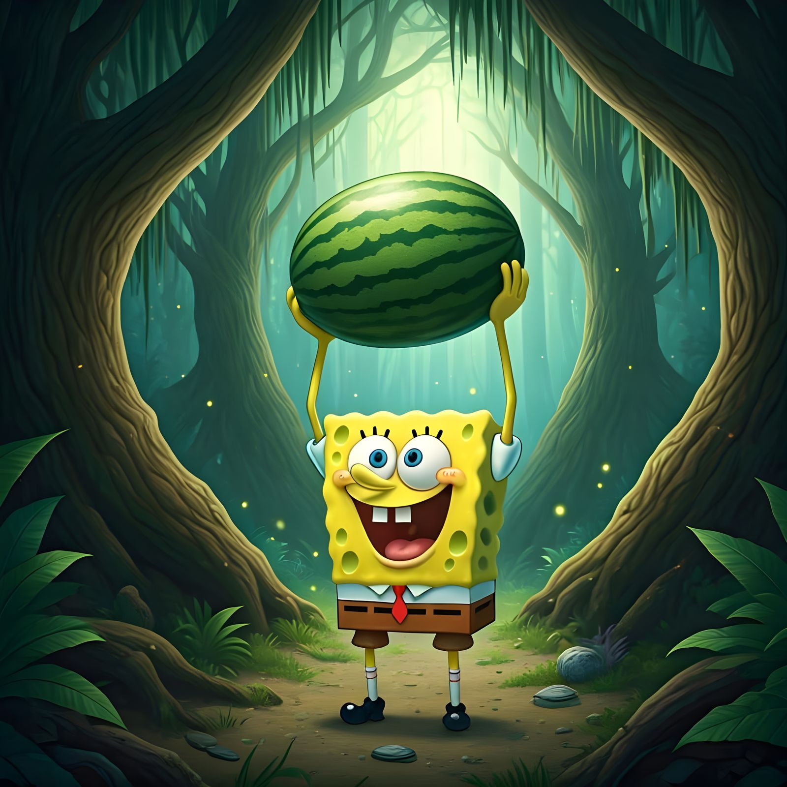 SpongeBob in Forest, Detailed Matte Painting