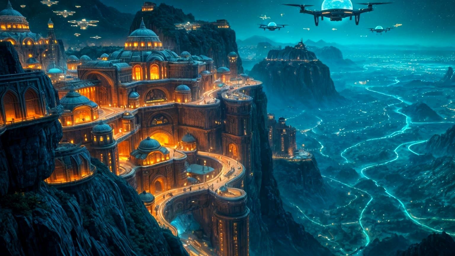 Glowing Megacity Built into a Cliff on a Distant Exoplanet