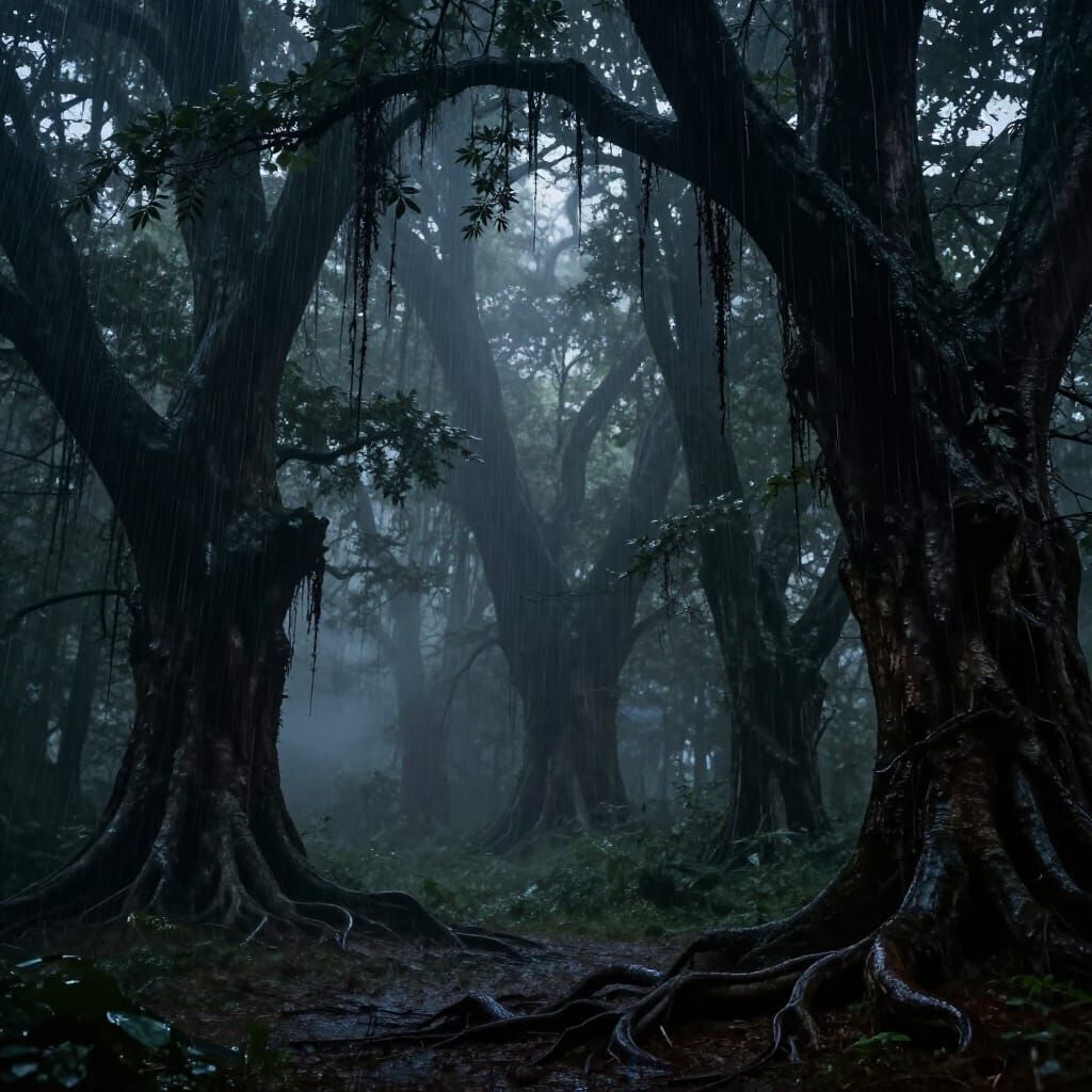Eerie Midnight Forest in Heavy Rain