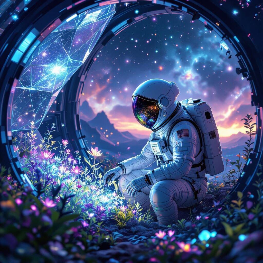 Bioluminescent Garden in Spaceship with Astronaut