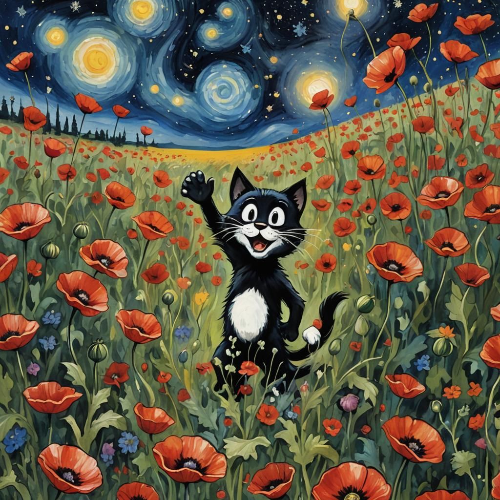 Felix the Cat Dances Under Starry Night Sky as Gouache Paint...