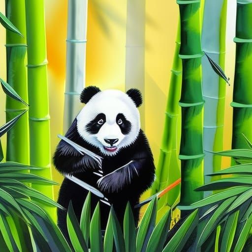 Panda in Neon Bamboo Forest: Gouache Watercolor Painting