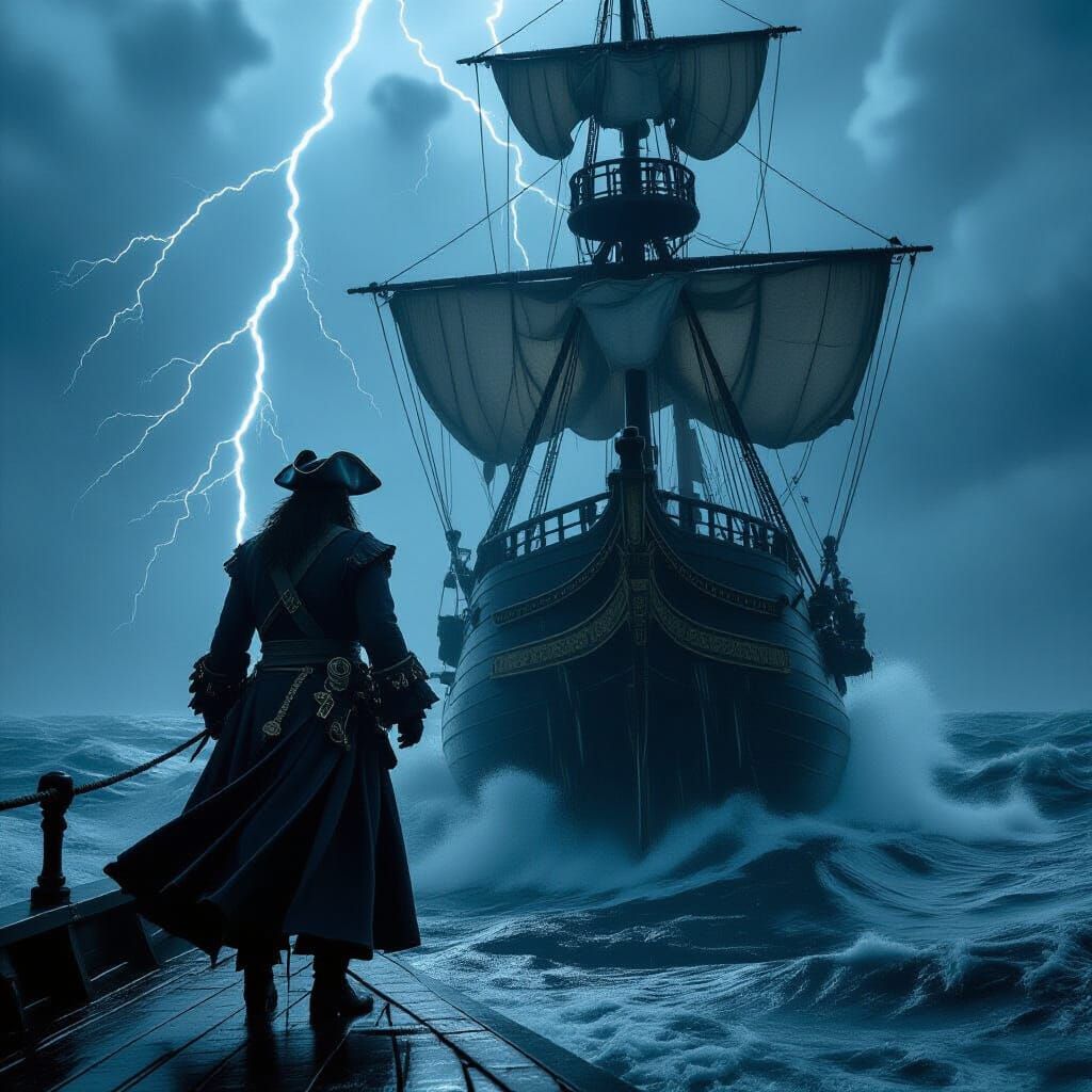 Pirate on Tilting Ship Amidst Stormy Seas