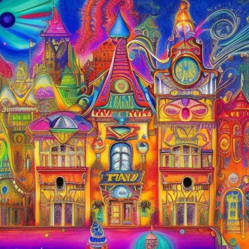 Psychedelic Funhouse Landscape in Colorful Dystopian Style