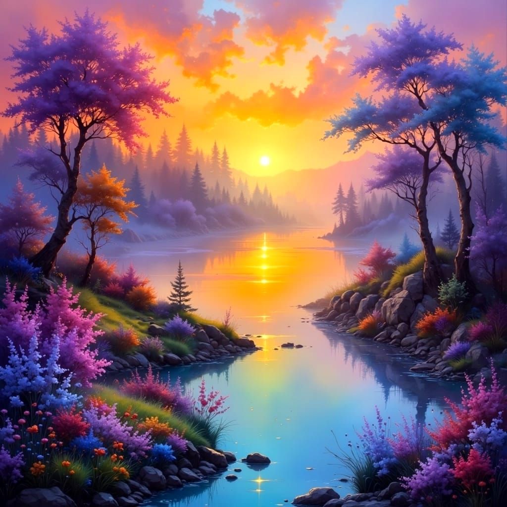 Vibrant Sunset Scene with Purple Blooms