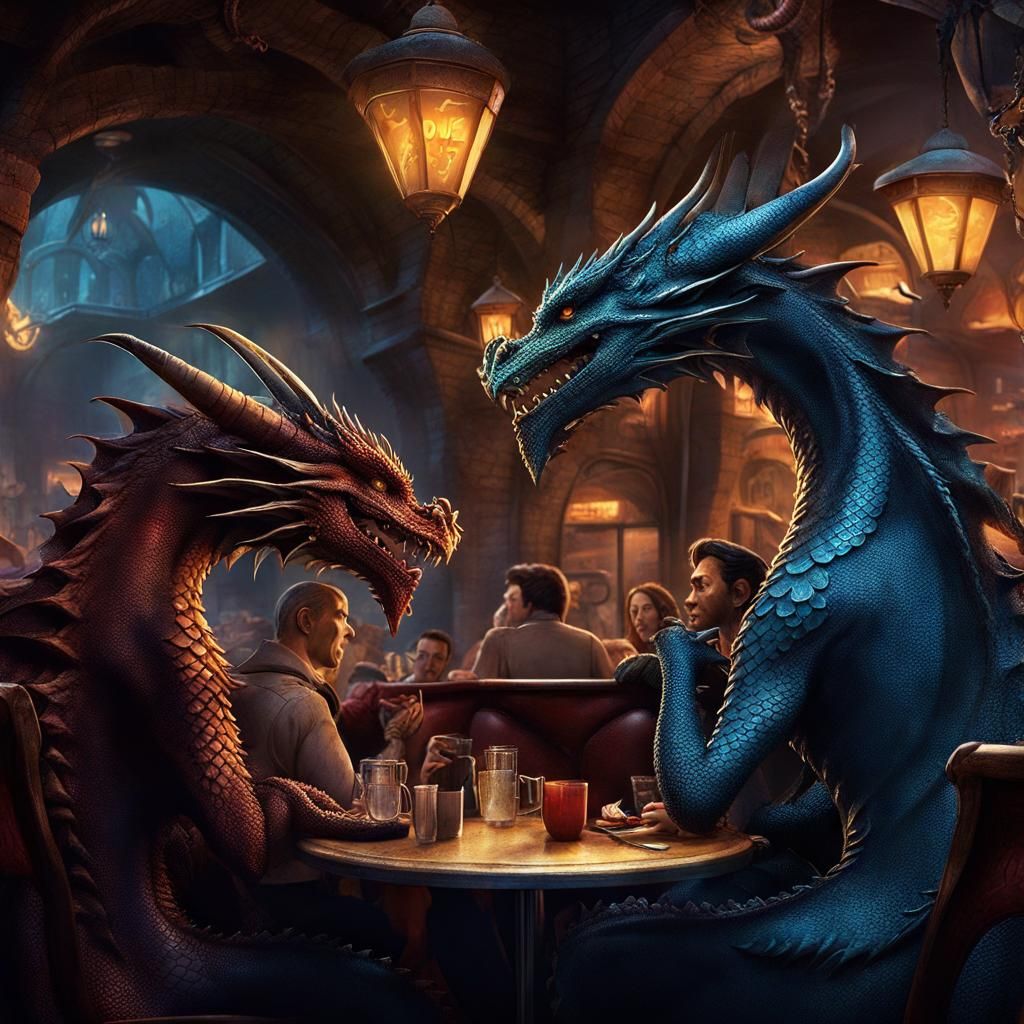 Dragon People Socialize at Night Cafe Studio