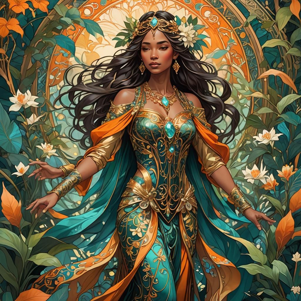 Regal Woman in Exotic Foliage: Art Nouveau Digital Art