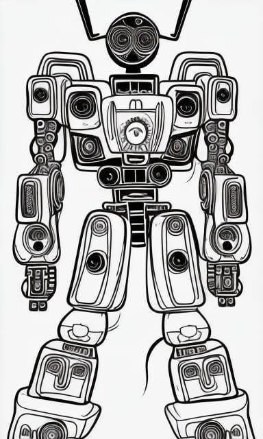 Whimsical Mech Coloring Book Page in Metallic Colors