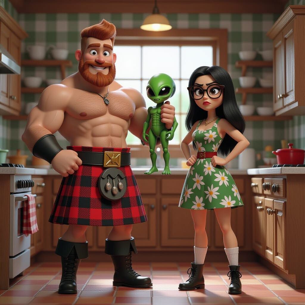 Pixar-Style Man with Alien Toy and Woman
