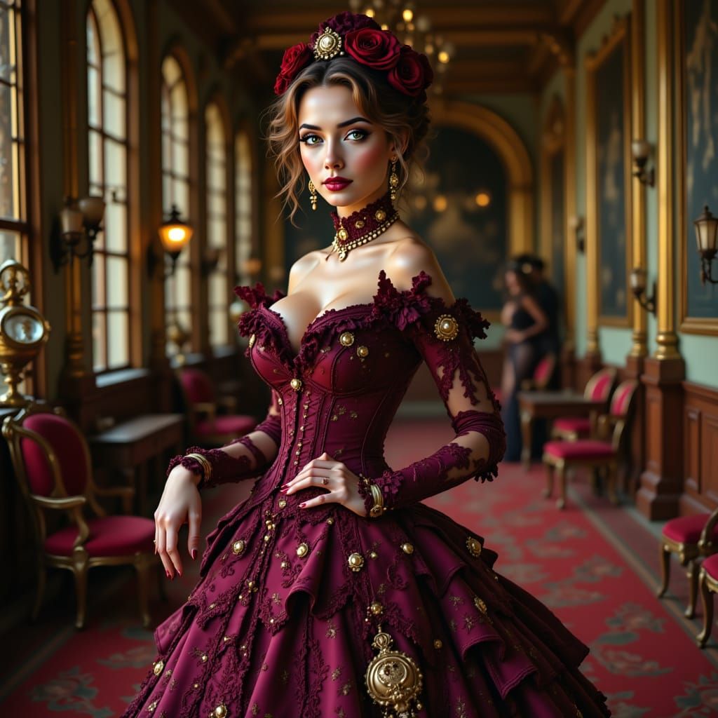 Victorian Lady in Embroidered Gown, Art Nouveau Style