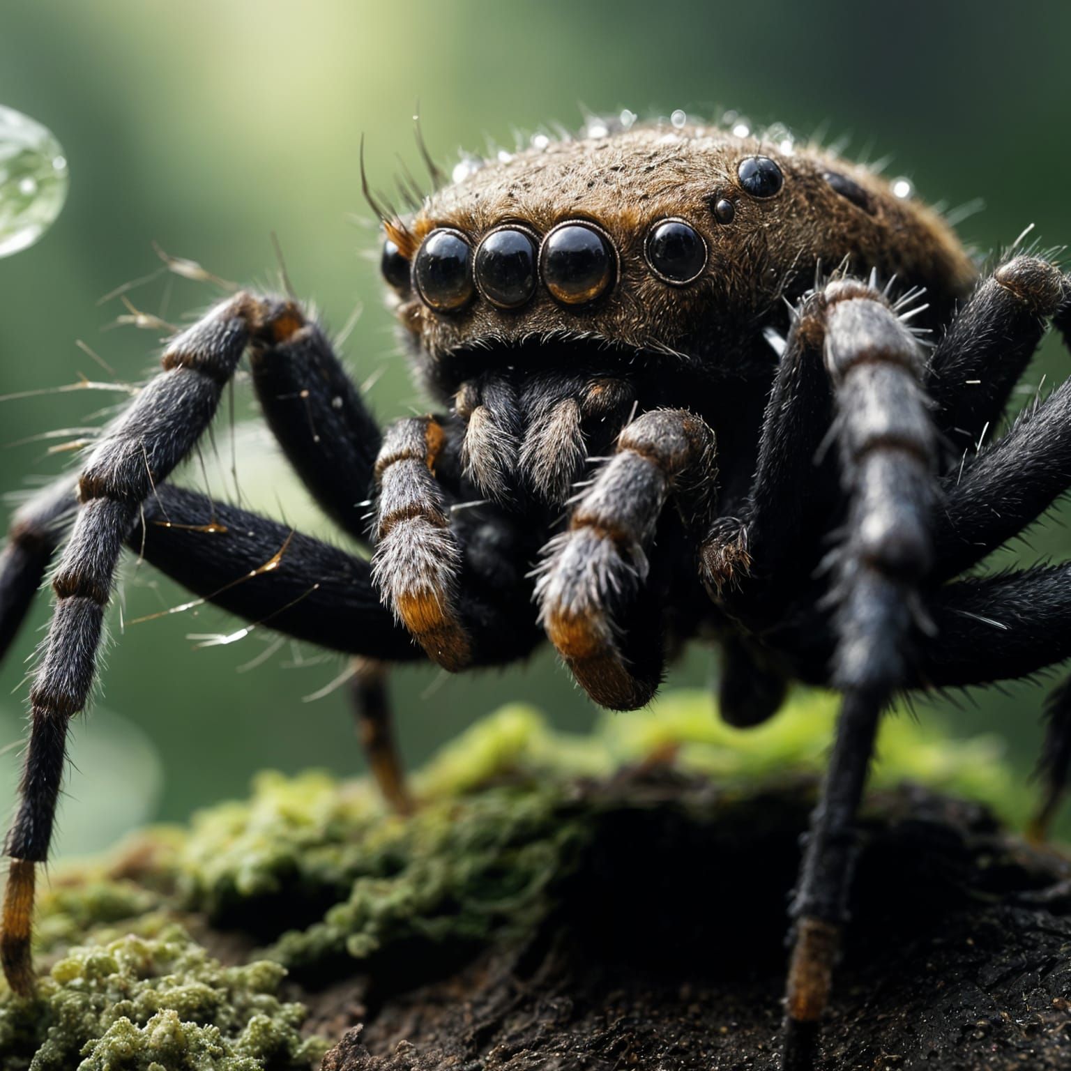 Close-Up of a Spider's Majestic Eyes and Dew-Kissed Form