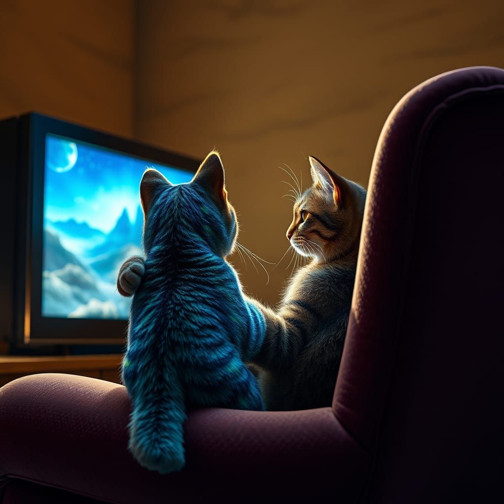 Iridescent Cat Watches Dreamlike TV: Fantasy Concept Art
