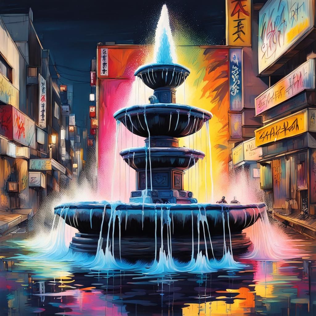 Ornate Fountain in Nagoya at Night, Graffiti Art Style