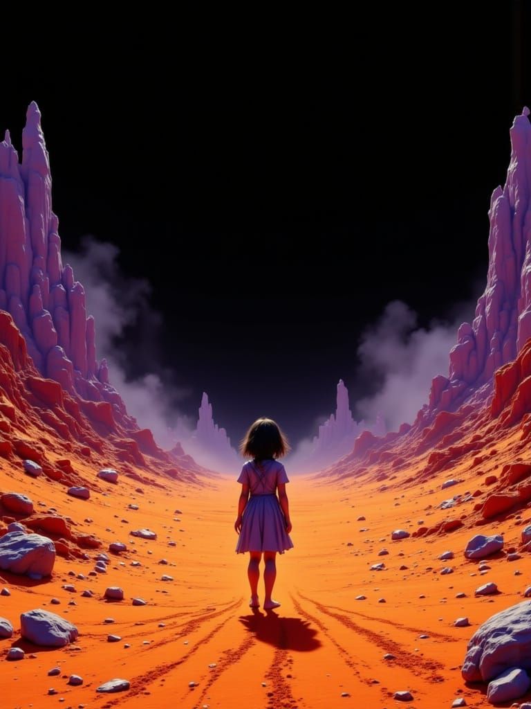 Shy Girl in Vibrant Desert Landscape, Charcoal Sketch Hyperr...