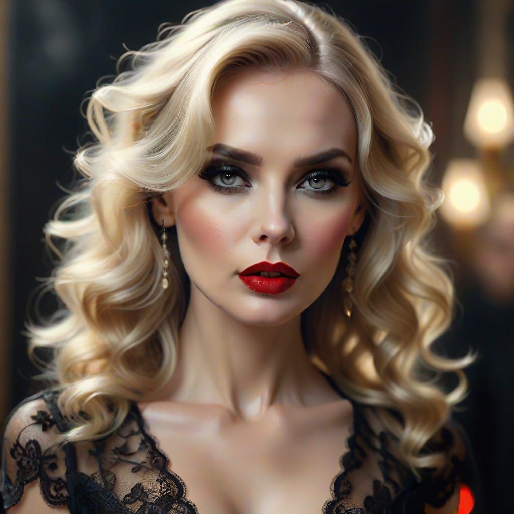 Glamour Portrait of Woman in Black Lace as Oil Painting