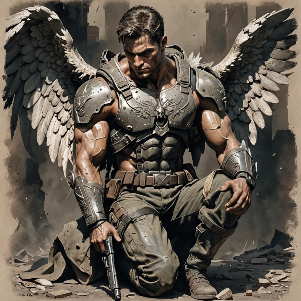 Battle-Worn Angel with Pistol in Classical Style