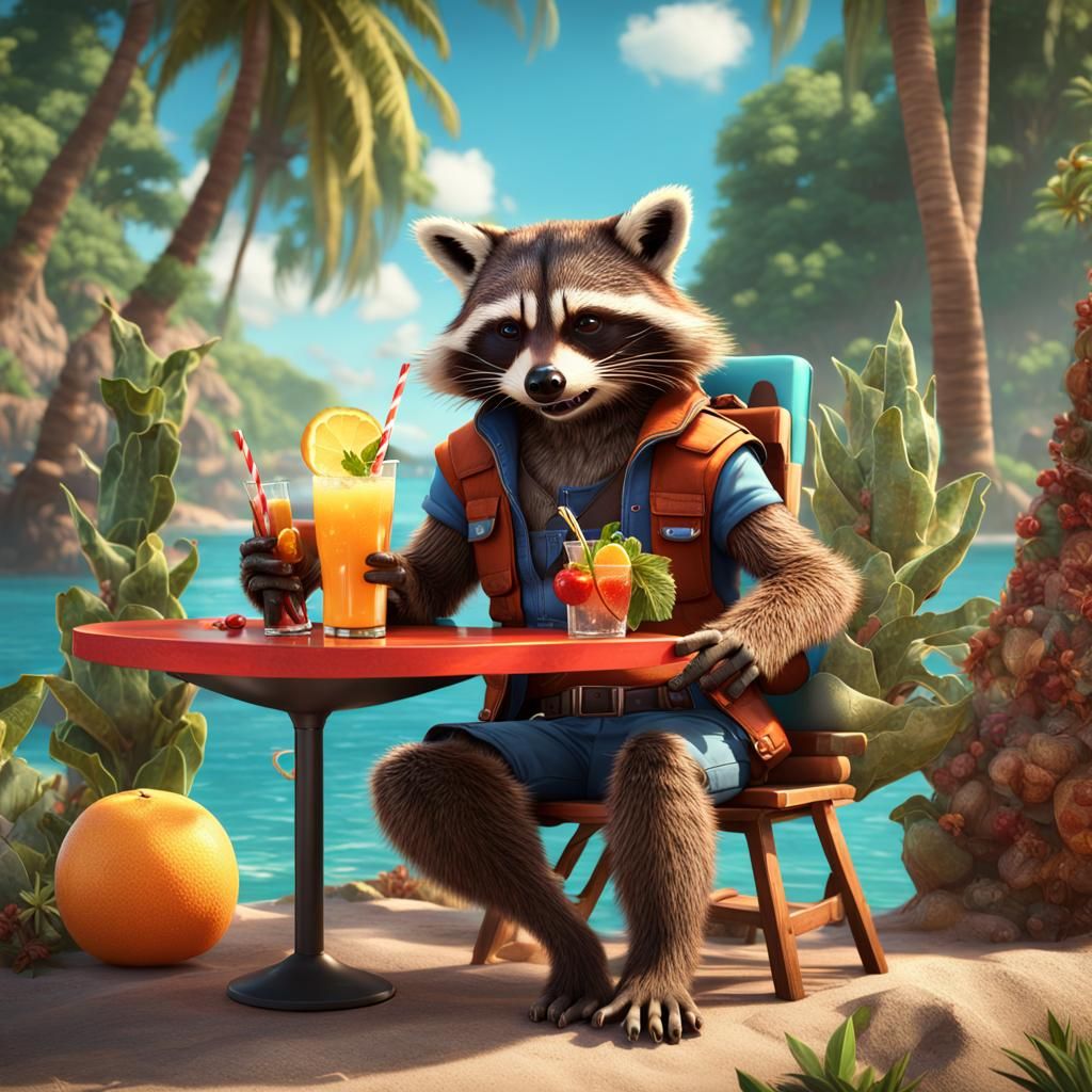Rocket Raccoon's Tropical Vacation in Detailed Matte Paintin...