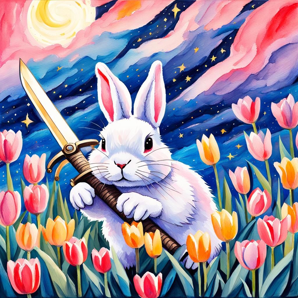 Pink Rabbit with Sword in Impressionist Gouache Style