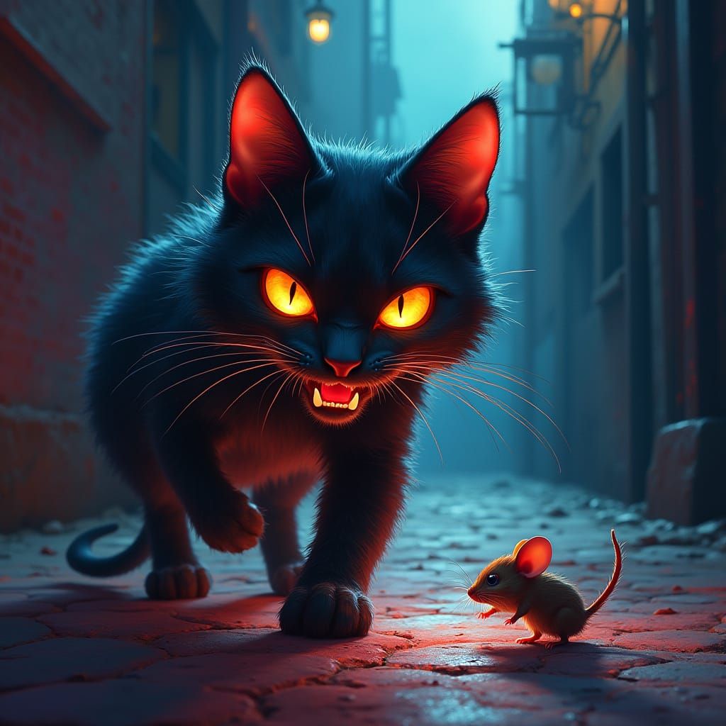 Sinister Glow Cat Chases Mouse in Dark Alley