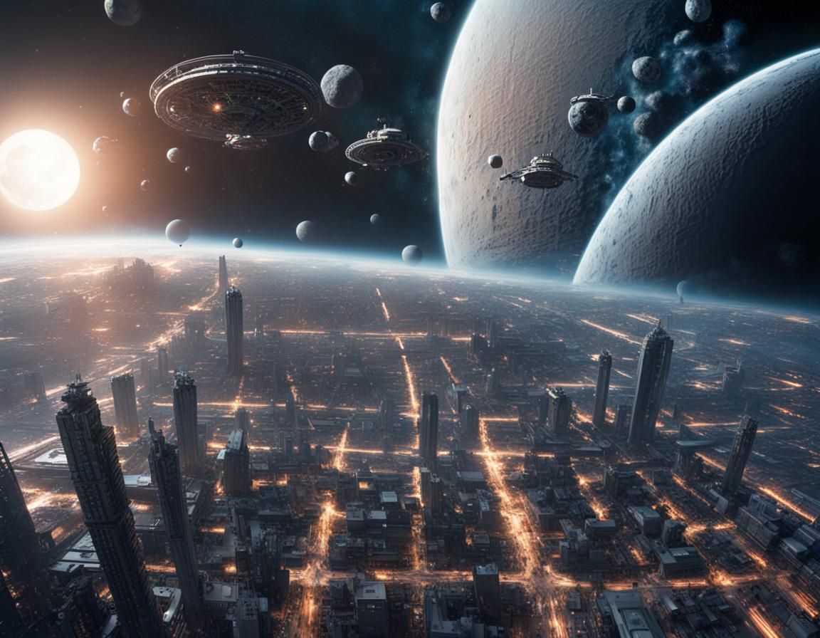 Hyperrealistic City on the Moon with Space Station