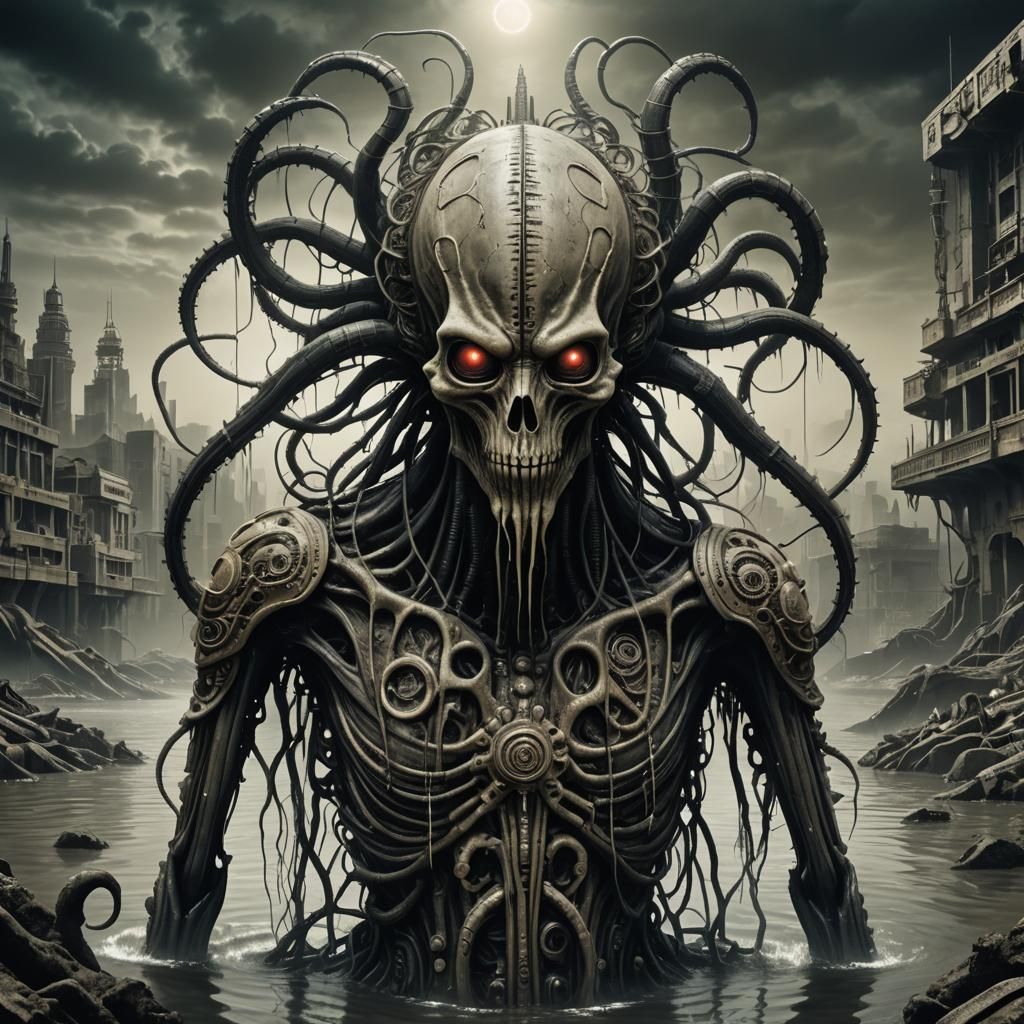 Biomechanical Horror Figure in Dystopian Ruins