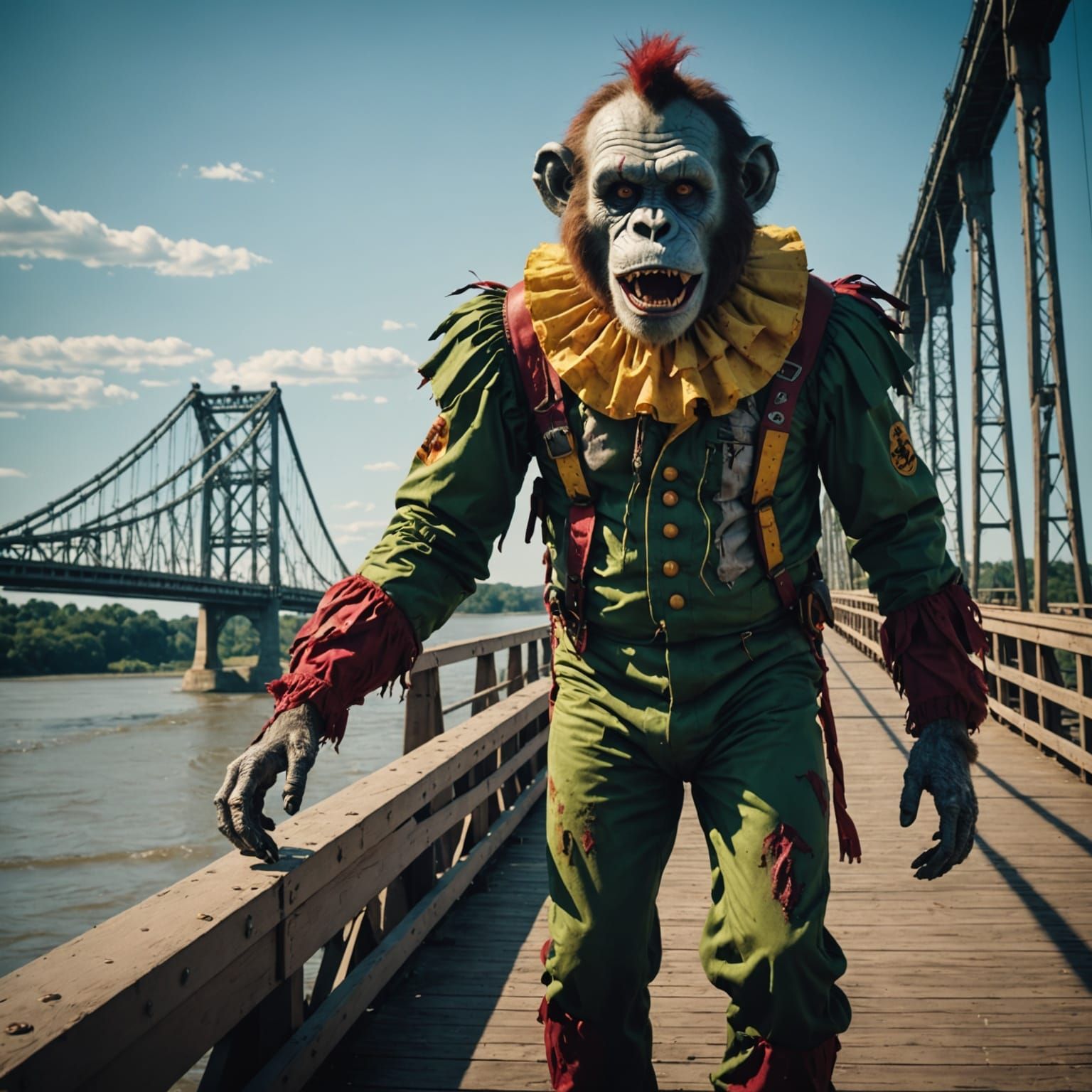 Epic Cinematic Still of a Zombie Monkey Monster Clown on a B...