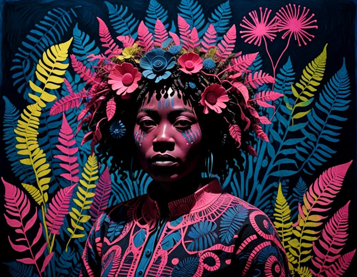 Black Woman Portrait with Magenta Electricity and Psychedeli...