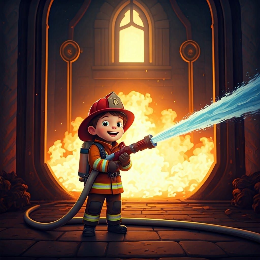 Heroic Young Firefighter Saves the Day in Whimsical 3D Style