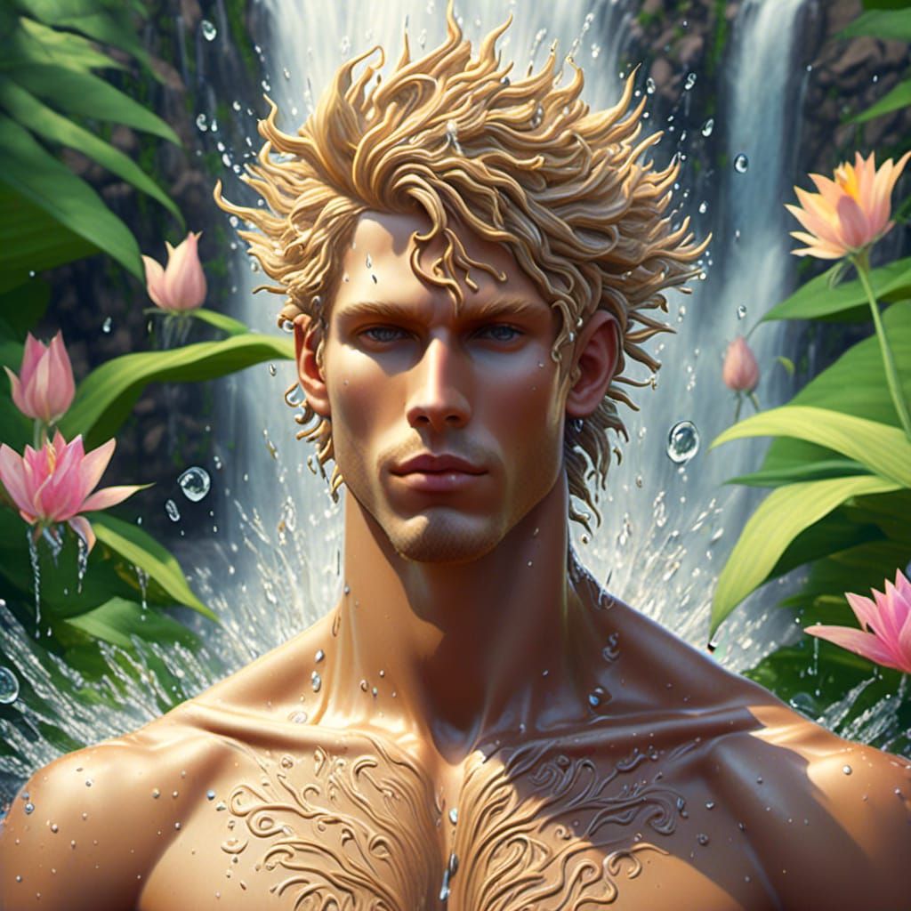 Henna Man Under Waterfall: Photorealistic Adonis Portrait