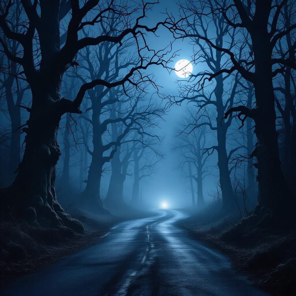 Eerie Forest Road at Night with Fog and Moonlight