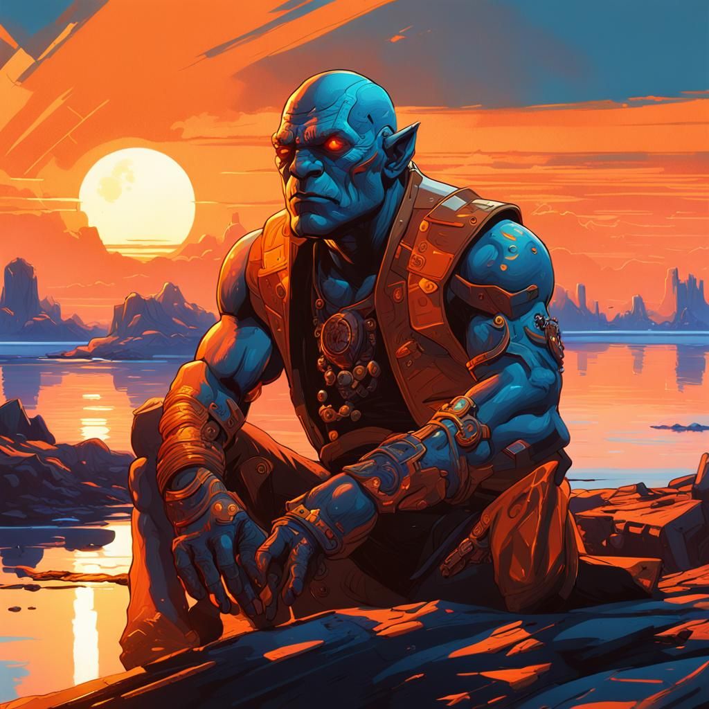 Orc Sunbathing on Cyberpunk Bay at Sunset
