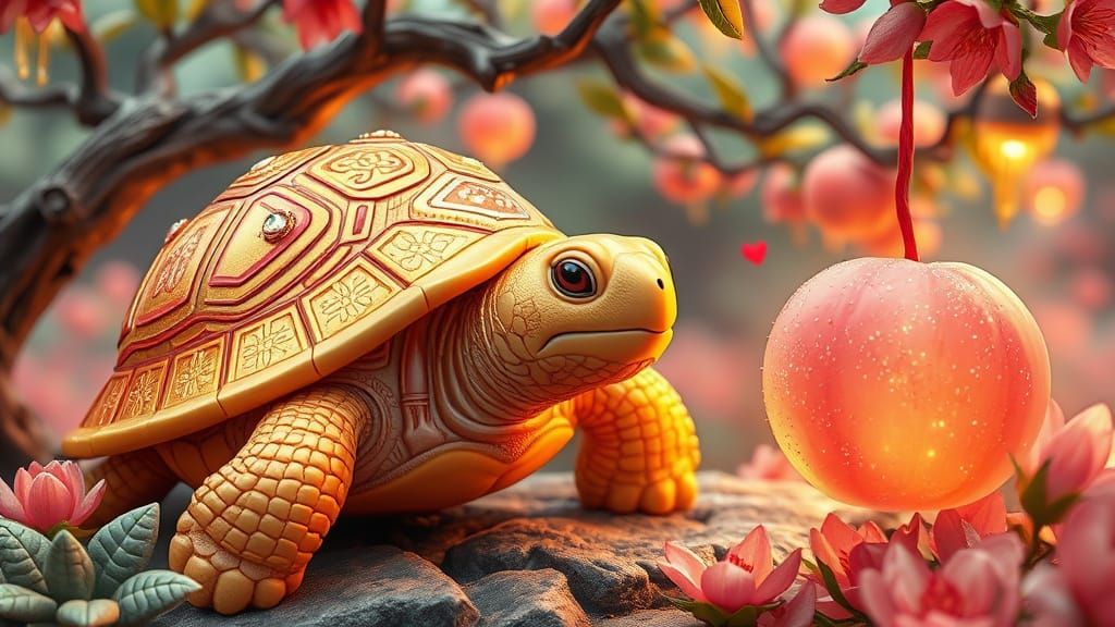 Golden Turtle Savoring Immortal Peach in Vibrant Korean Gard...