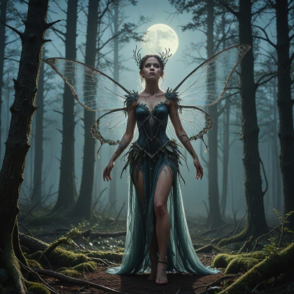 Mysterious Dark Fairy in Cinematic Moonlit Forest