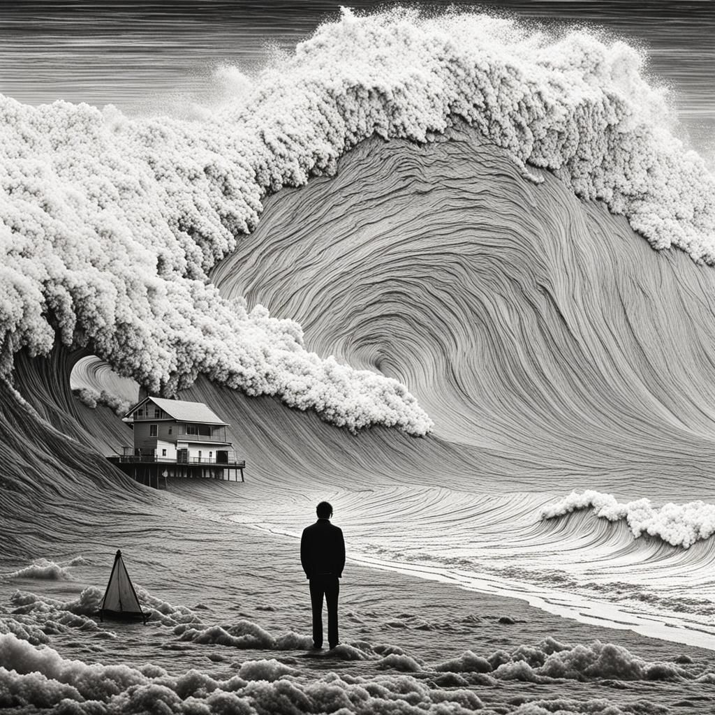 Man Facing Tsunami on a Beach