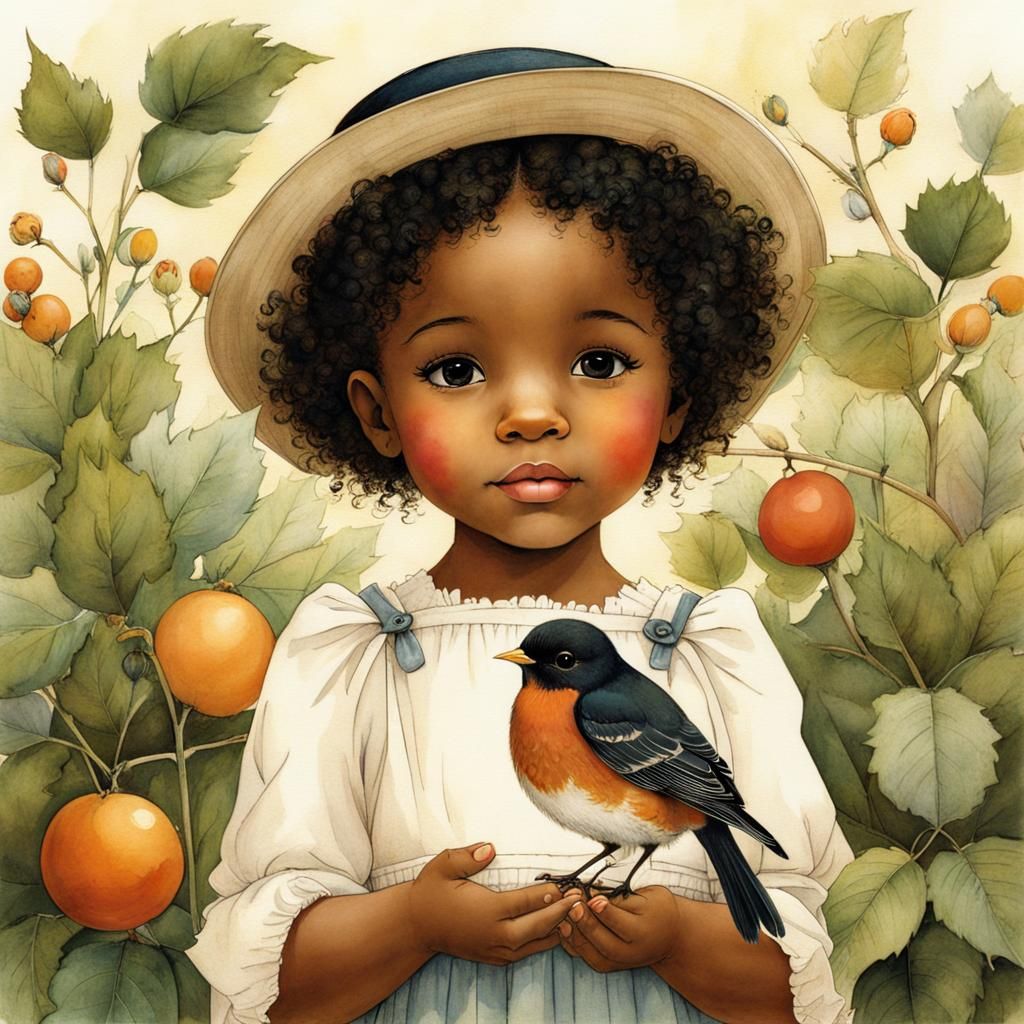 Toddler with Robin in Garden, Storybook Illustration