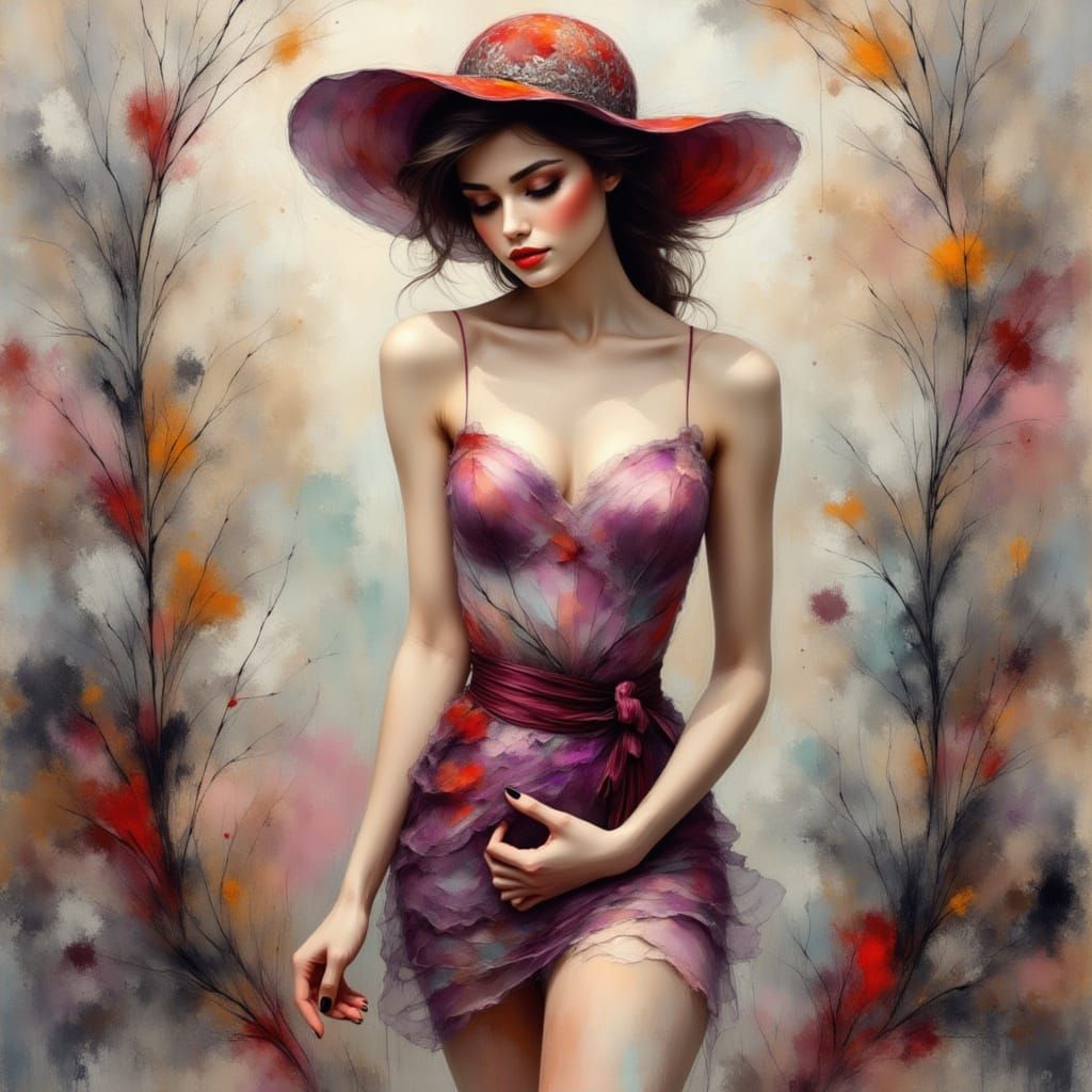 Elegant Woman in Lilac Hat and Burgundy Dress