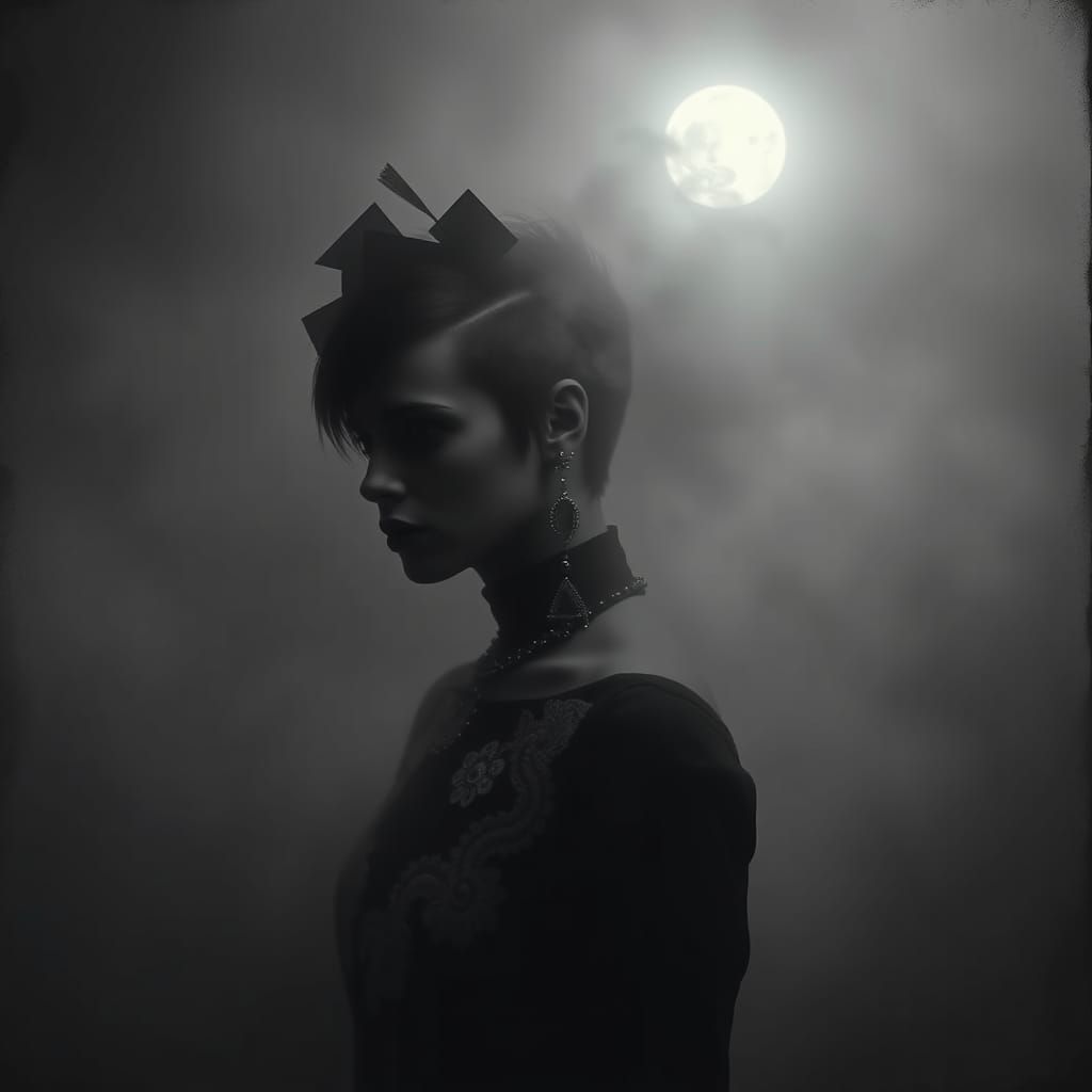 Gothic Photogram: Androgynous Figure in Eerie Fog
