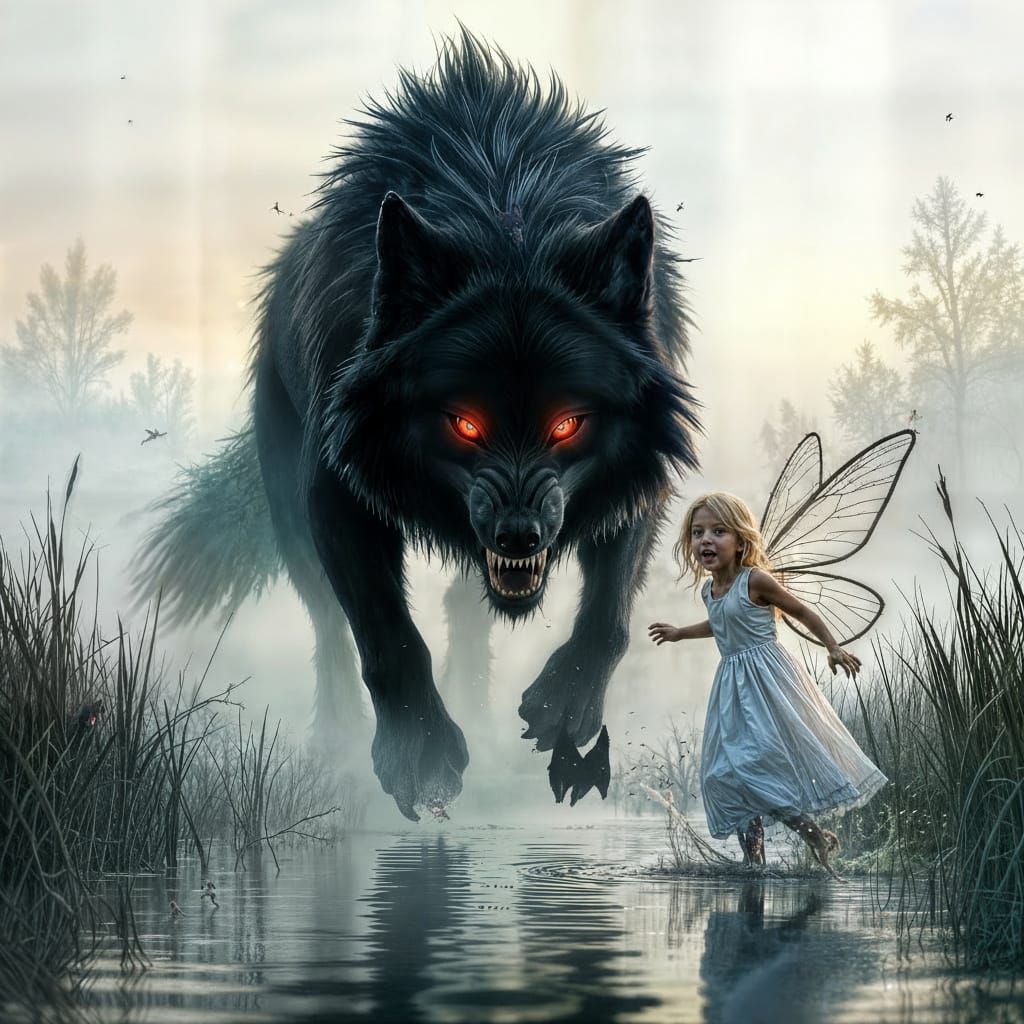 Giant Black Wolf Attacks Girl with Fairy Wings in Foggy Swam...