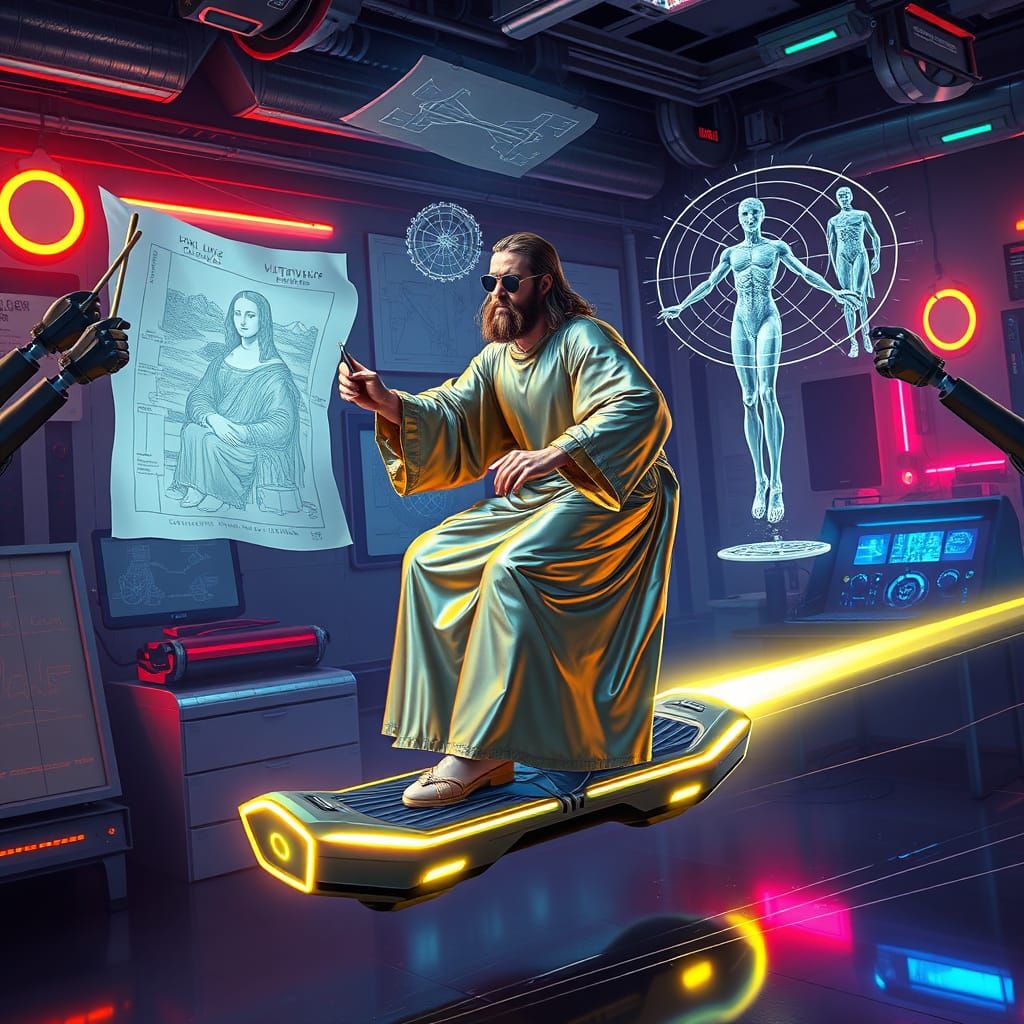Cyberpunk Da Vinci Sketches Holograms on Hoverboard
