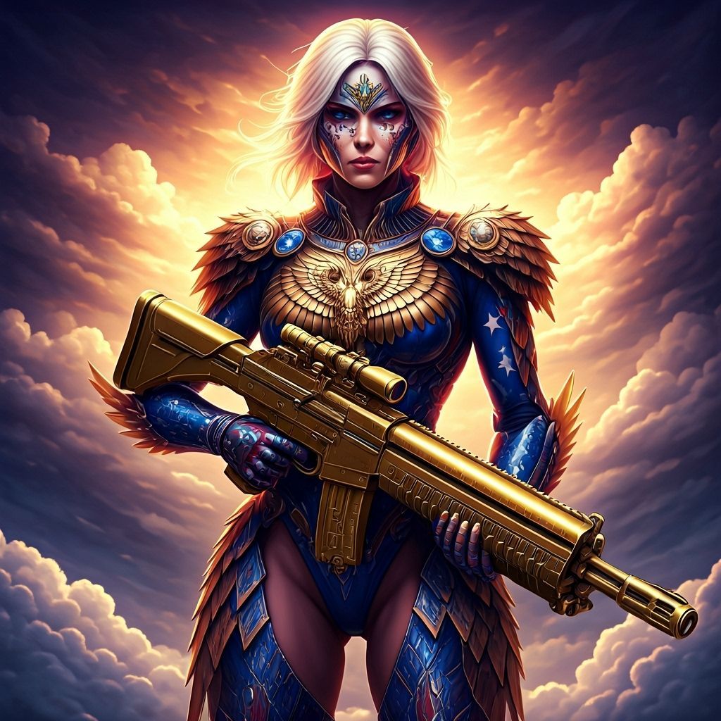Patriotic Warrior Woman in Eagle Armor with Sci-Fi Rifle