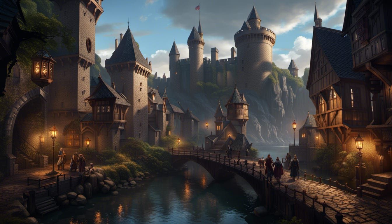 Dark Fantasy City with Castle, Detailed Concept Art