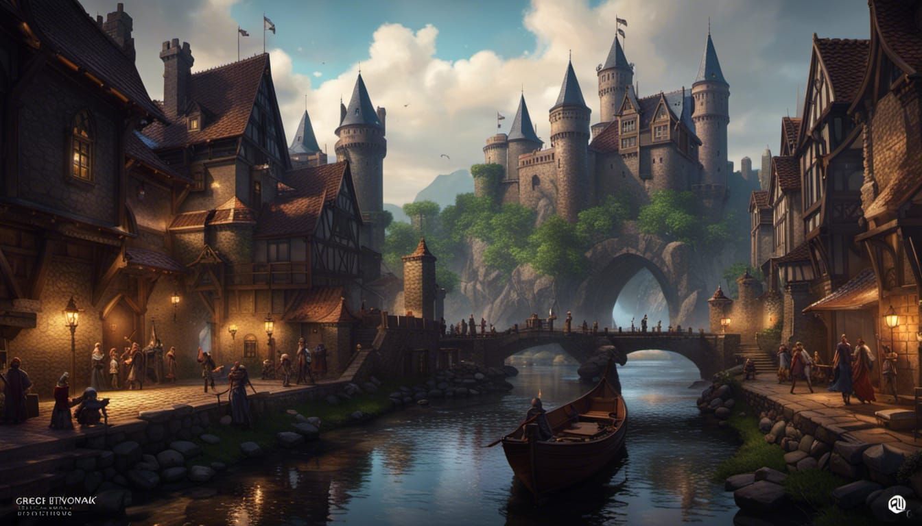 Dark Fantasy Cityscape with River, Detailed Concept Art