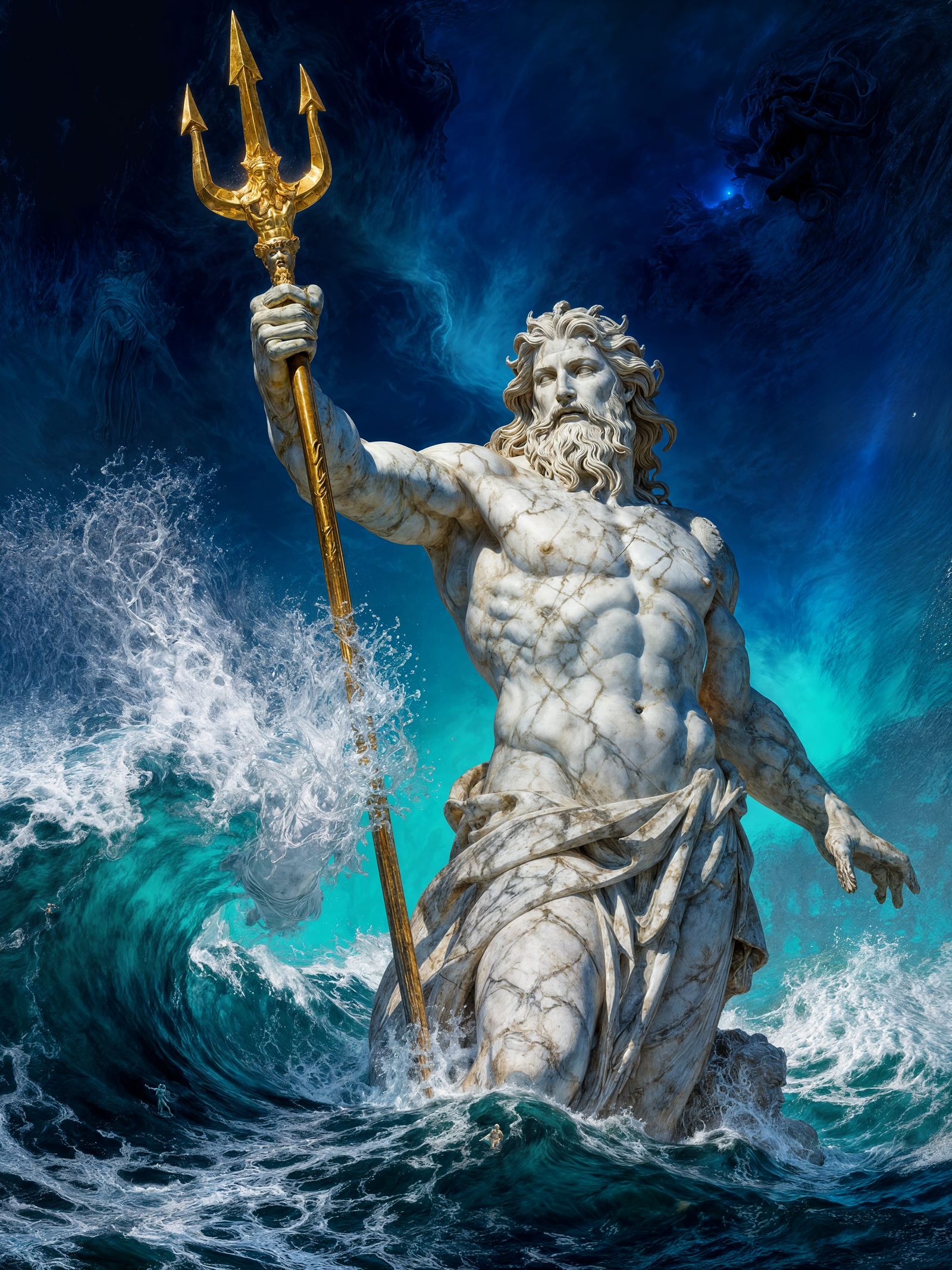Majestic Marble Poseidon Emerges from Turbulent Seas